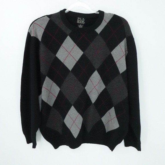 Jos. A. Bank Sweater Mens Extra Large Black Argyle Lambswool Preppy Academia - Picture 1 of 16